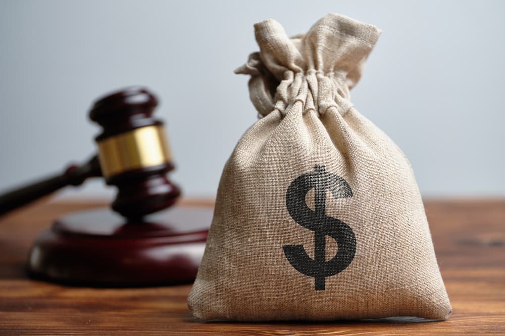 Dollar Bag & Gavel in background. Concept of payout