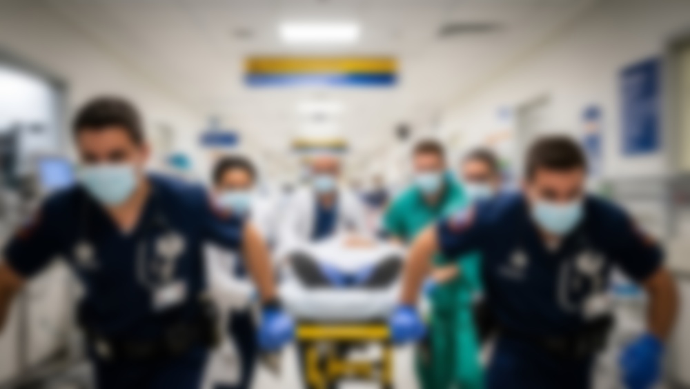 Out-of-focus image of medical team arriving with patient in ambulance bay of hospital emergency department
